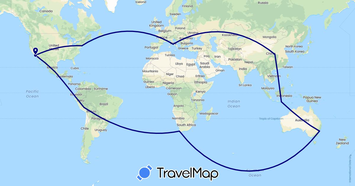 TravelMap itinerary: driving in Australia, China, Indonesia, Italy, Mexico, Peru, United States, South Africa (Africa, Asia, Europe, North America, Oceania, South America)